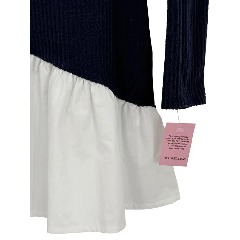 NWT PrettyLittleThing Navy Brushed Rib Asymmetric Ruffle Mini Dress Skater Style - Picture 13 of 16